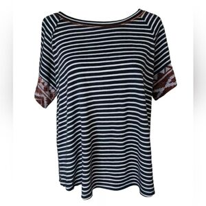 Oddy Womens Striped Aztec Mixed Media Boho Blouse Top Short French Terry Sz L